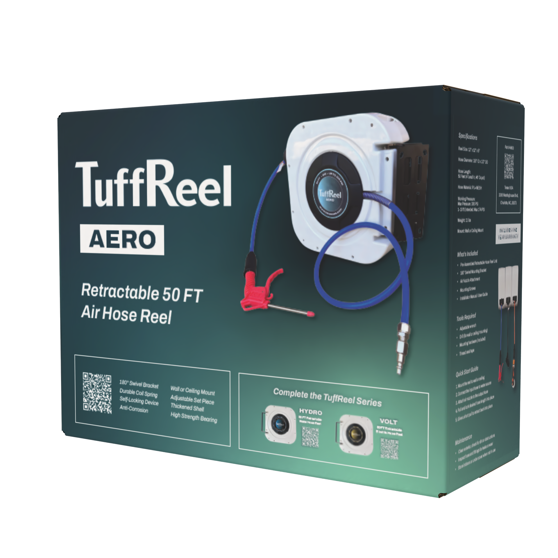 TuffReel Aero retractable air hose reel packaging on a white background