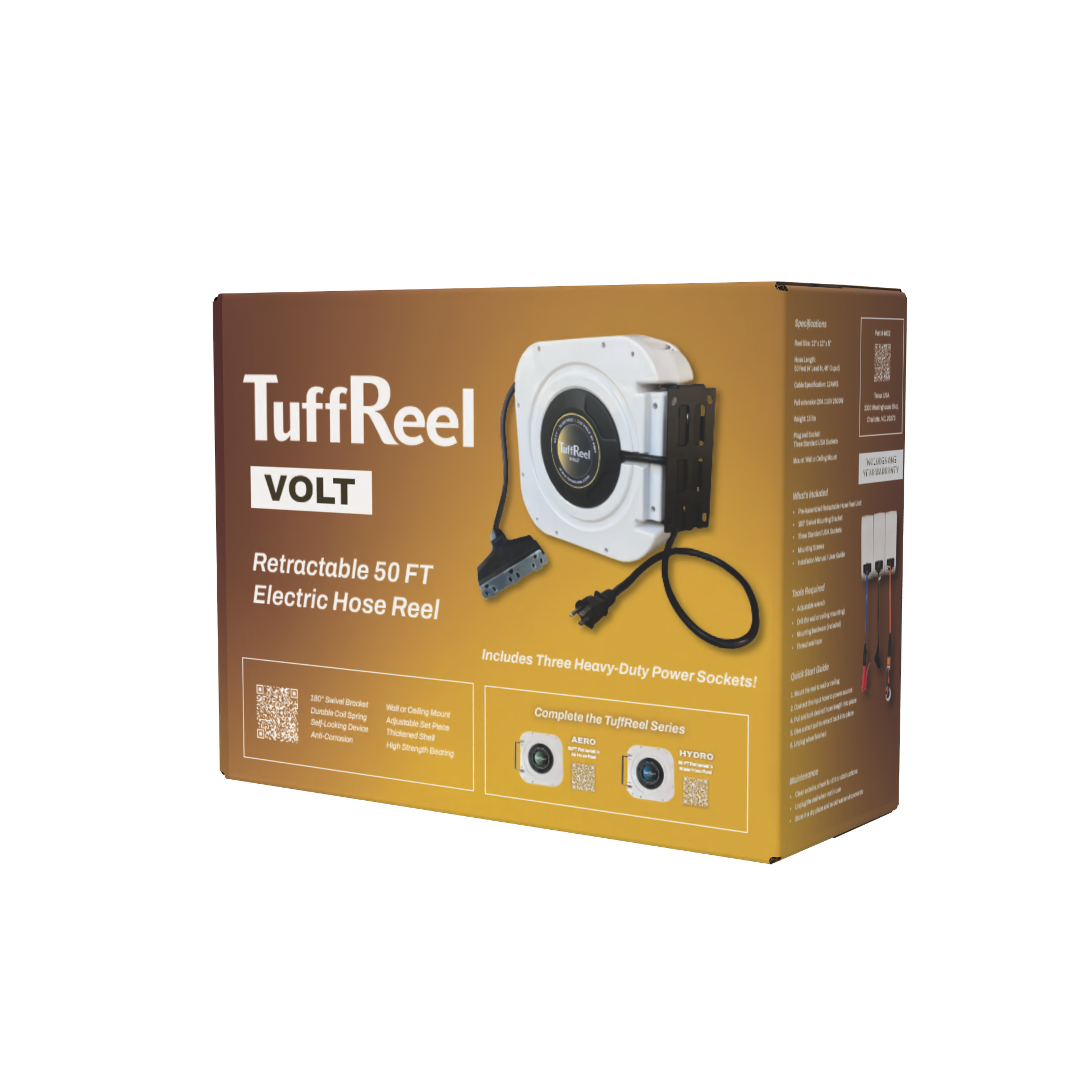 Tenax USA TuffReel Volt 50 FT Retractable Electric Hose Reel | Detail View | electric reel | Pro Tool Haus