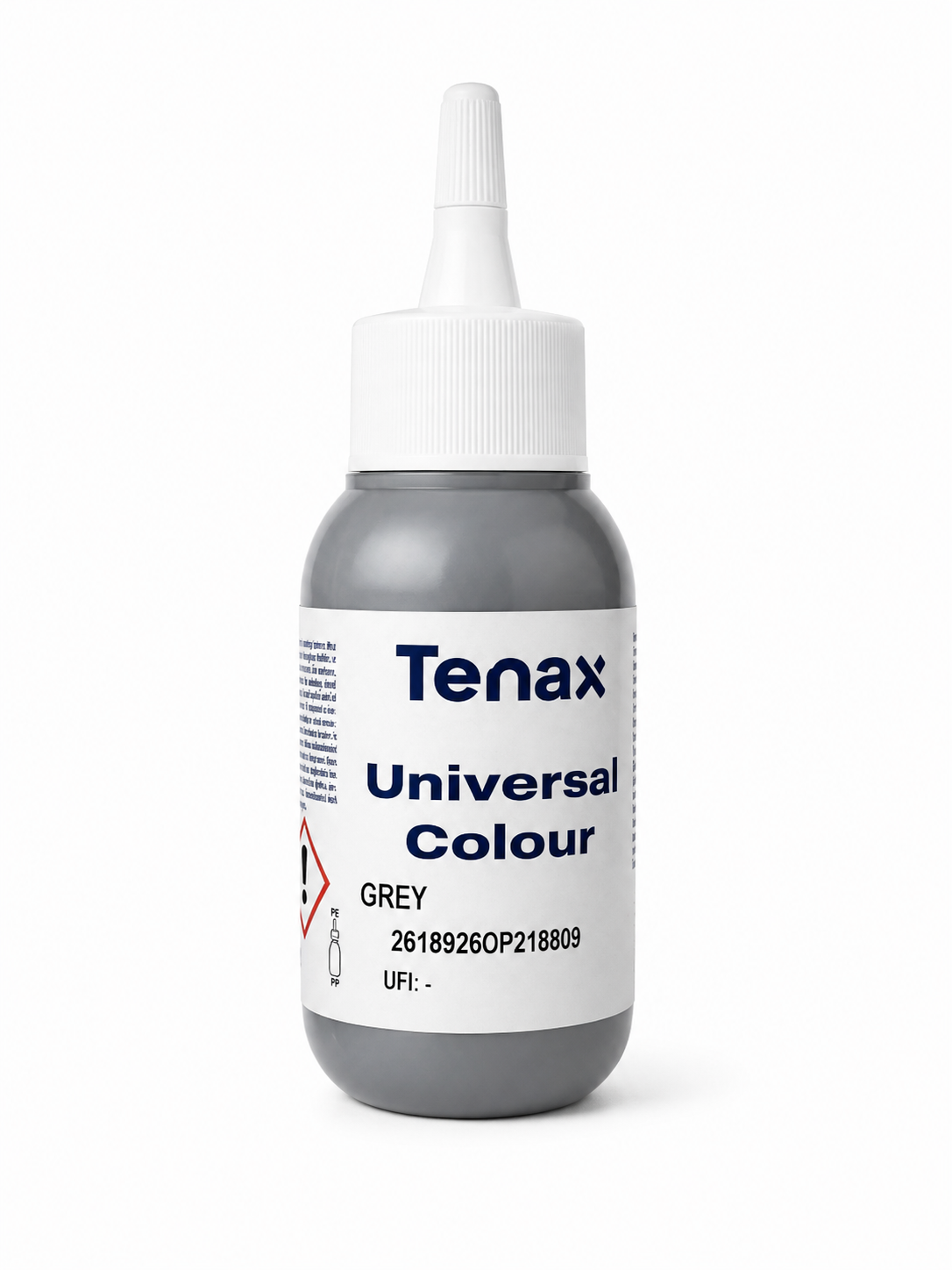 Tenax Universal Colour Grey liquid color bottle with a white cap and white label, shown on a clean white background.
