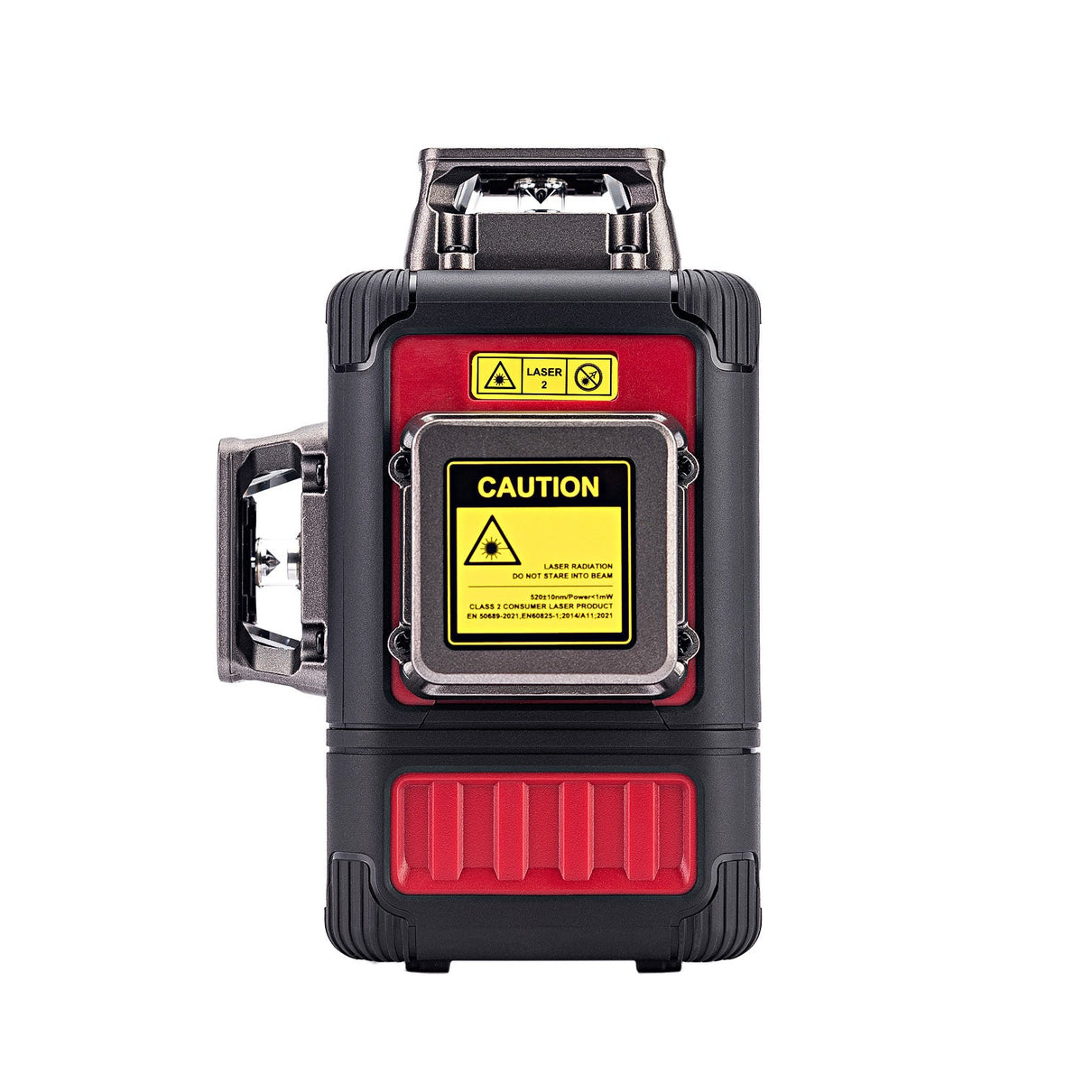 A red and black laser level device with a yellow caution label on the front, shown against a plain white background.