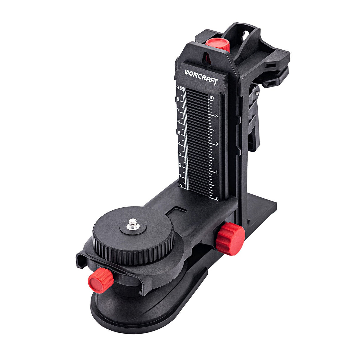 A black Worcraft brand window suction cup mount with red adjustment knobs and a white measurement scale on the side, shown on a solid white background.