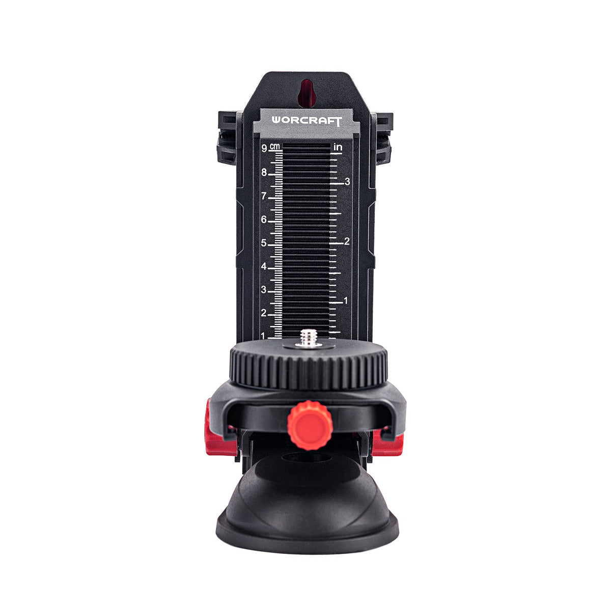A black and red Worcraft tripod head with a vertical leveling scale and a red release button, shown against a plain white background.