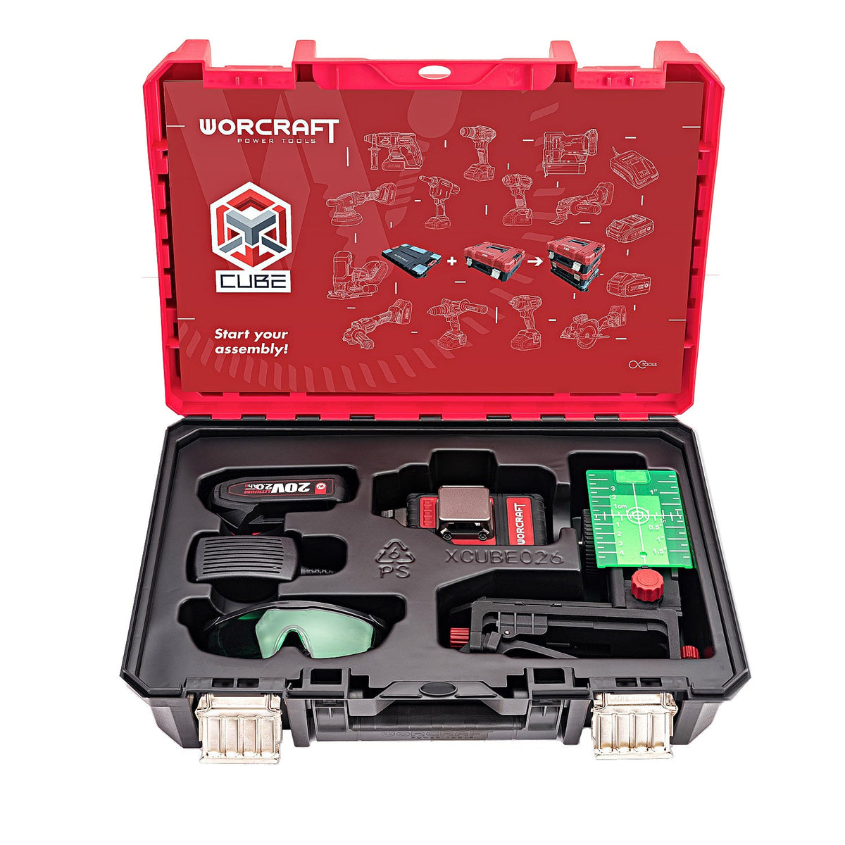 An open red and black WORCRAFT CUBE kit case showing the included tools and accessories, photographed on a clean white background.