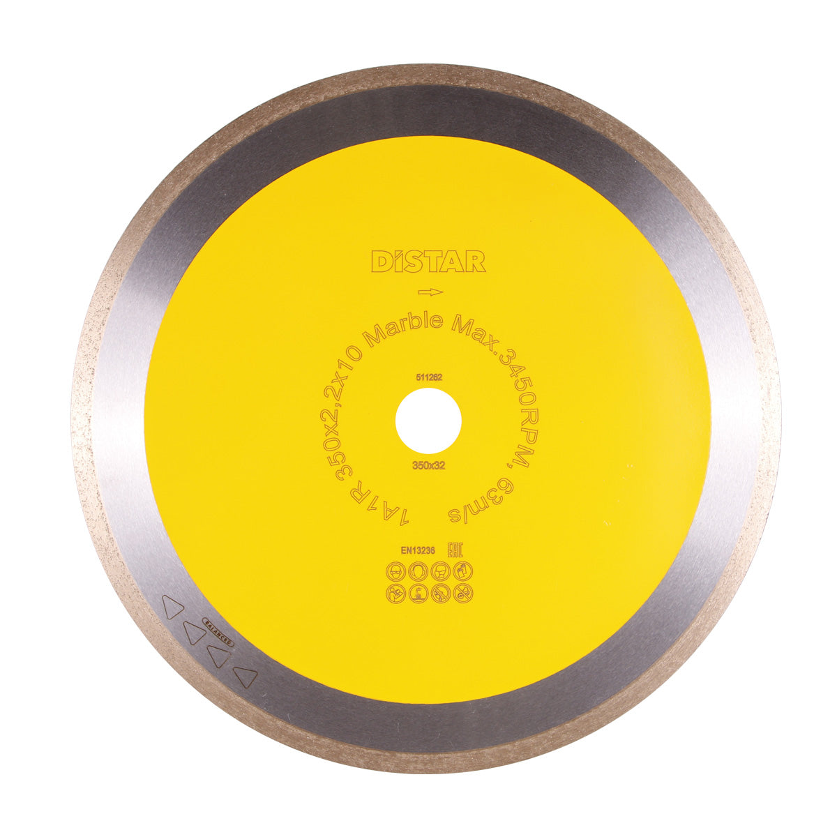 A diamond blade with yellow and black color scheme, designed for cutting marble and other natural stones.