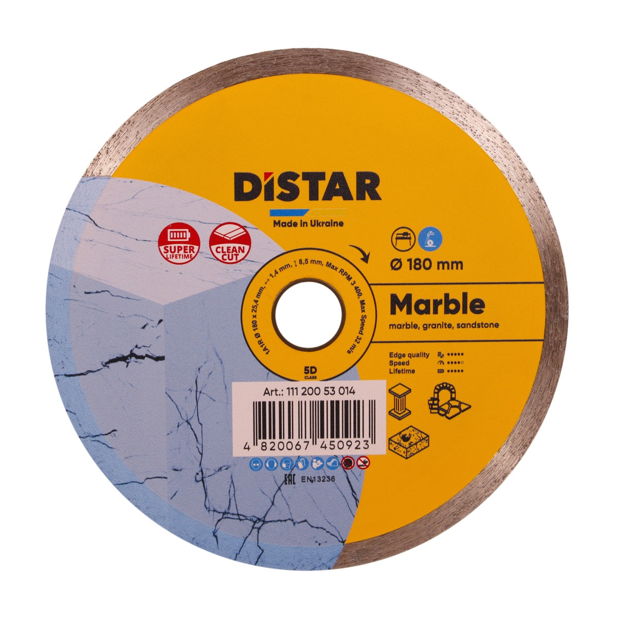 A diamond blade with yellow and black color scheme, designed for cutting marble and other natural stones.