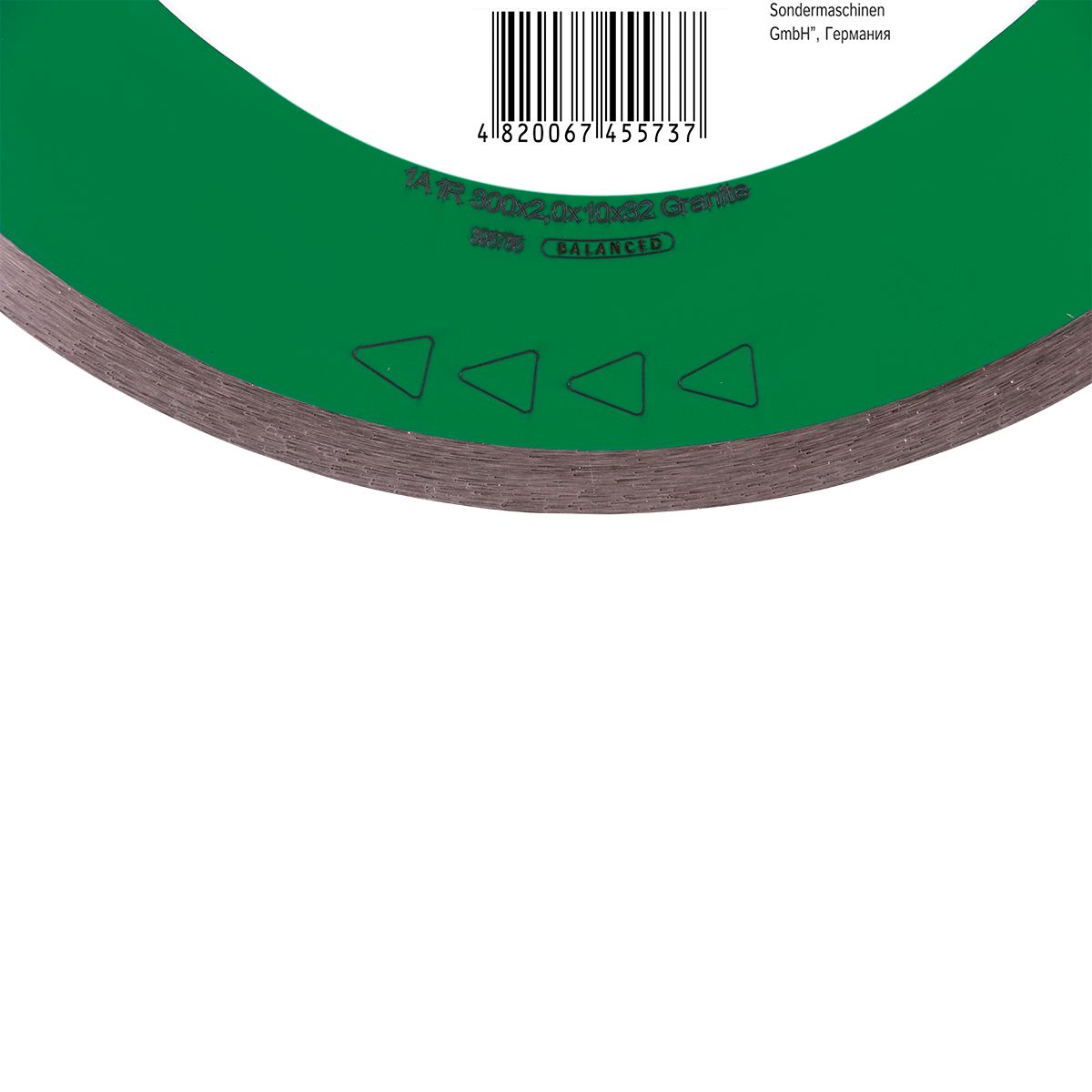 Close-up of a green circular saw blade with branding and product code on a white background