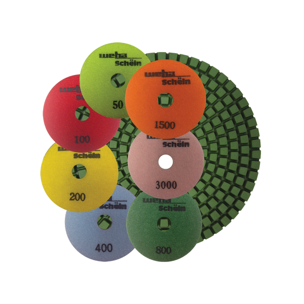 Diamond polishing pad grit sequence for granite countertops — Weha Schein 7-step set showing 50, 100, 200, 400, 800, 1500, and 3000 grit pads
