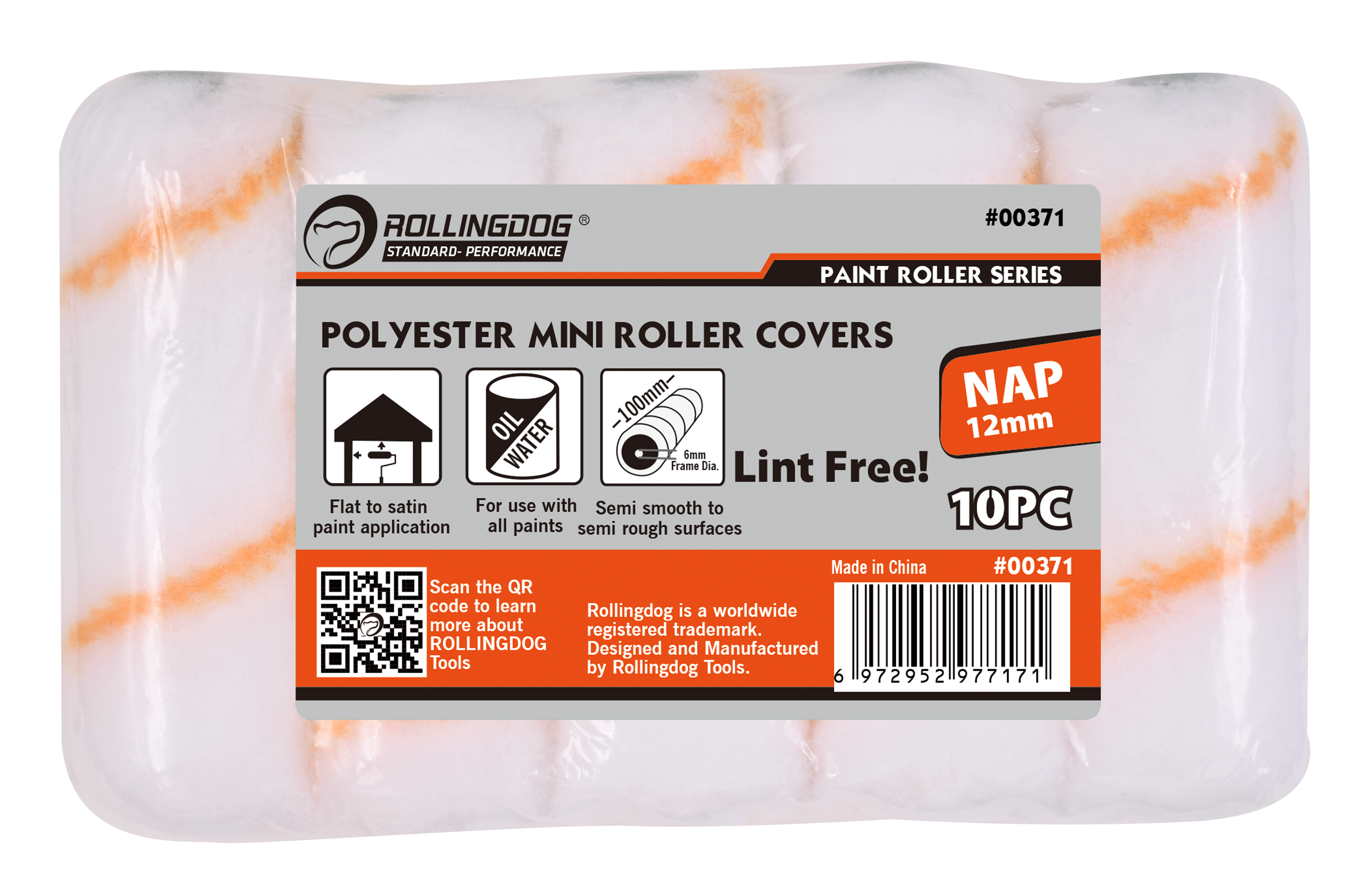 Pack of RollingDog paint roller covers with label on a white background