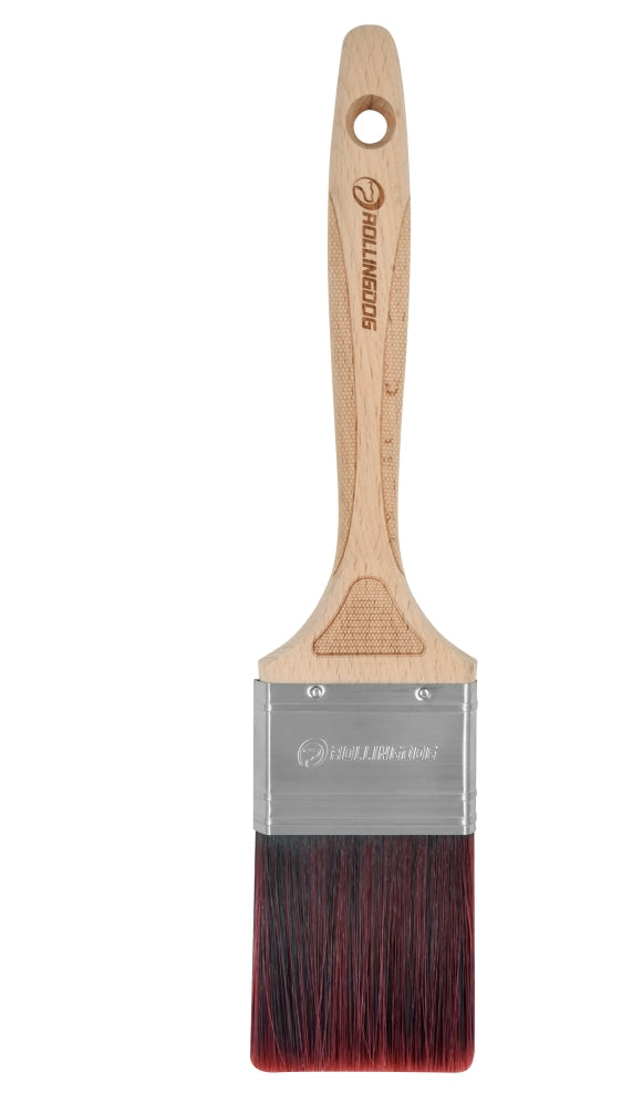 10268-Close-up of 2.5 inch tapered polyester bristle paint brush with engraved handle