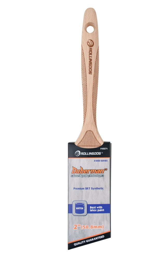 10271-Professional angular paint brush showing tapered polyester bristles and engraved handle