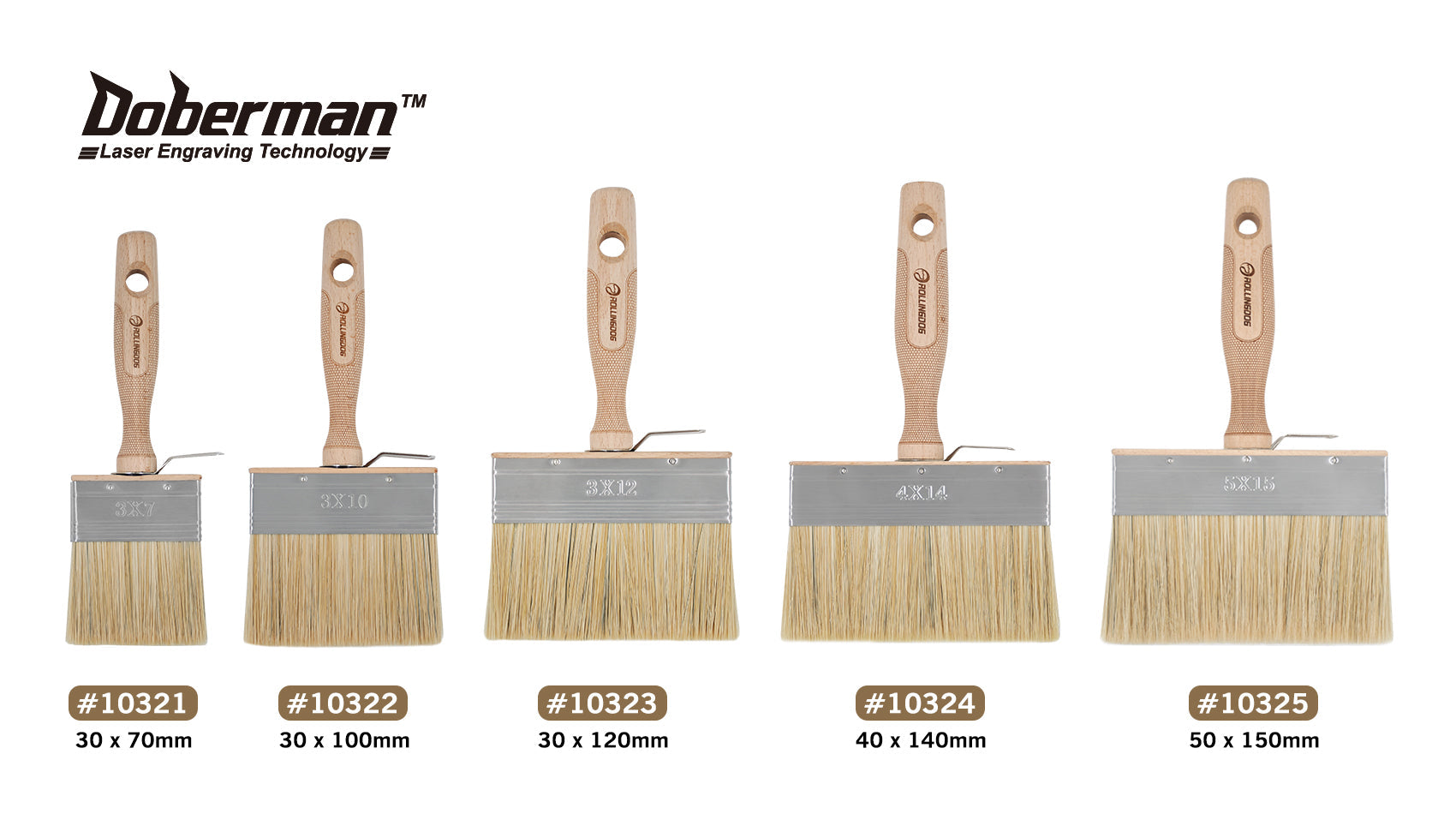 Set of Doberman brand paint brushes with varying sizes on a white background