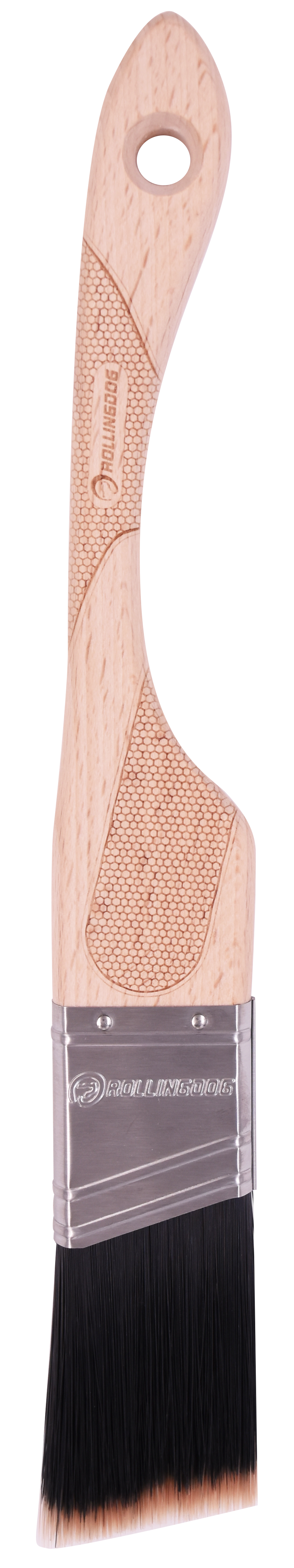 Paint brush with wooden handle and black bristles on a white background