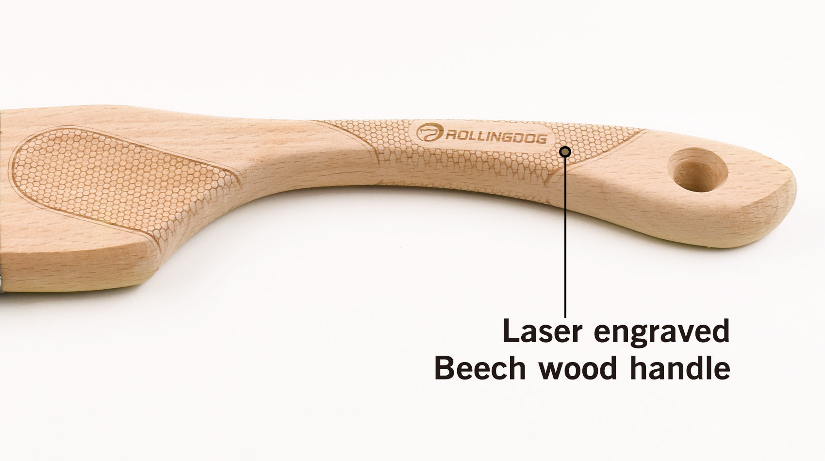 Wooden handle with laser engraving on a white background
