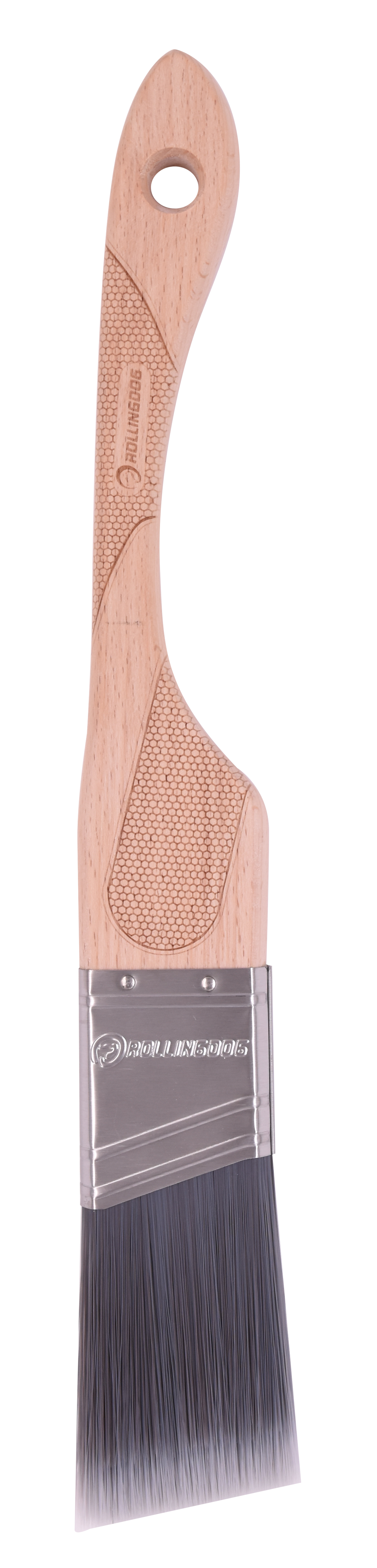 Paint brush with wooden handle and black bristles on a white background