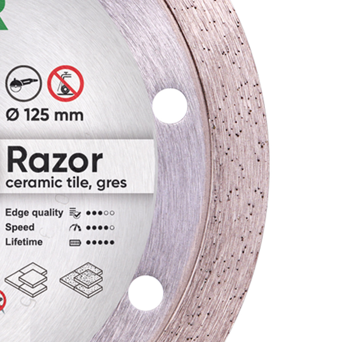 Close-up of Razor 5 inch diamond cutting edge with 10 mm laye
