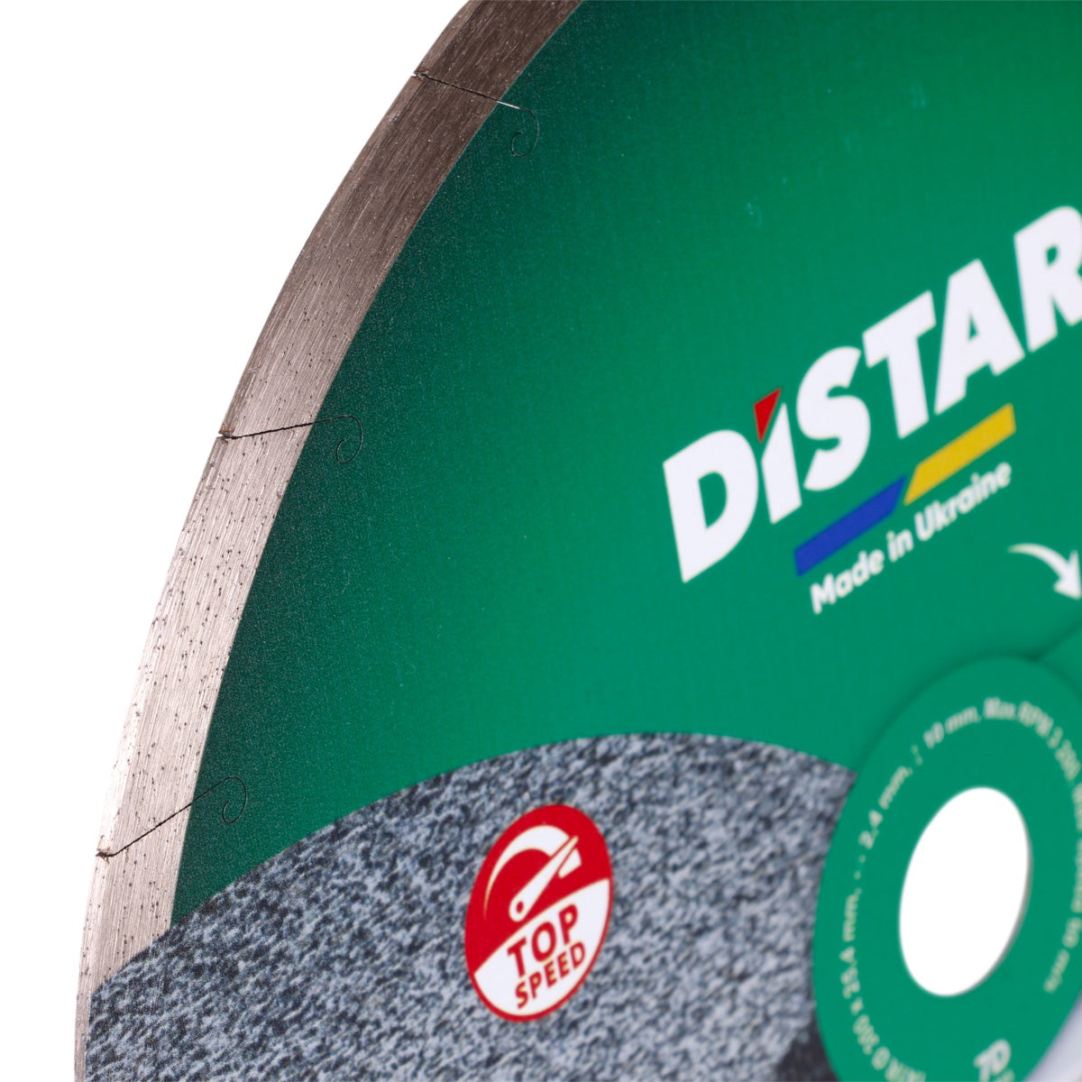 Close-up of a diamond cutting wheel with Distar branding and 'Top Speed' label.