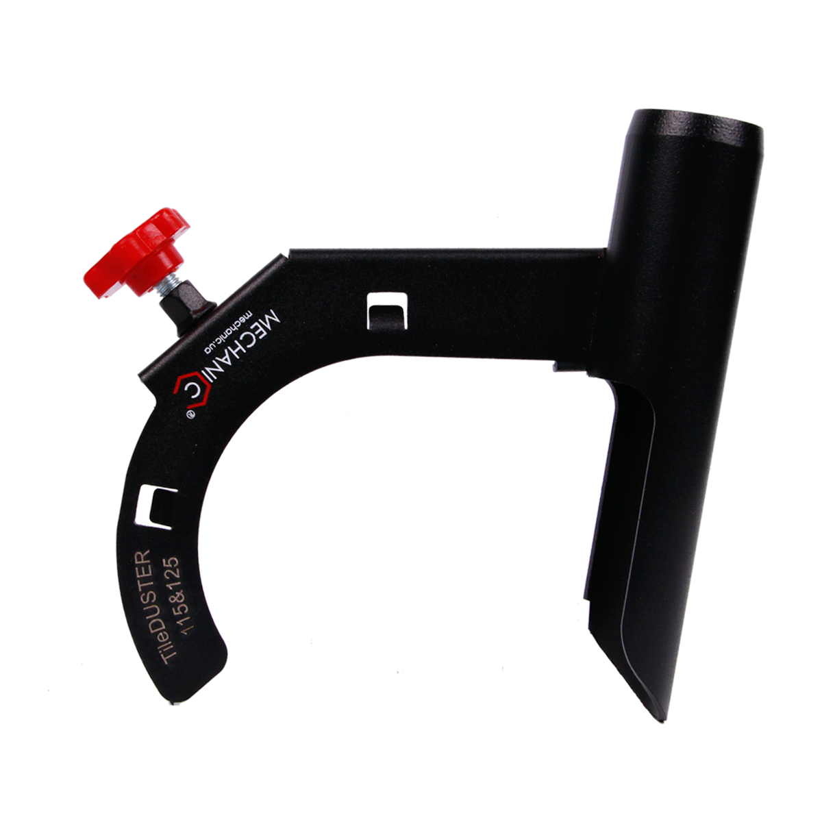 A black angle grinder cutting guard accessory, designed for removing dust during the grinding of ceramic tiles, porcelain gres, granite, and marble.