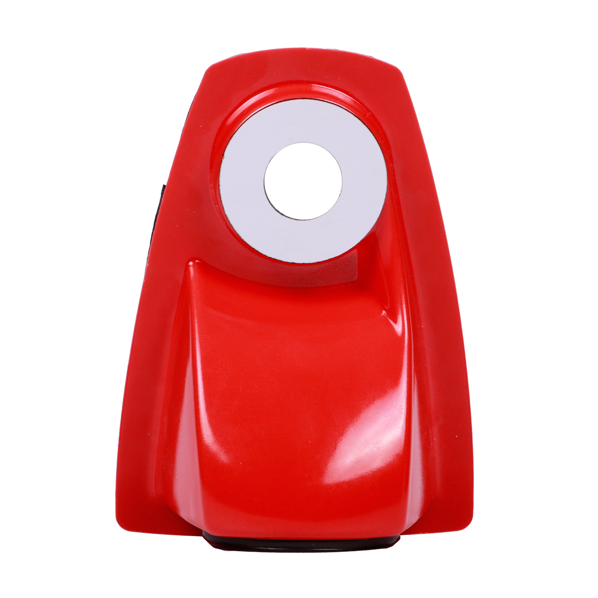 Red electronic device with a circular component on a white background