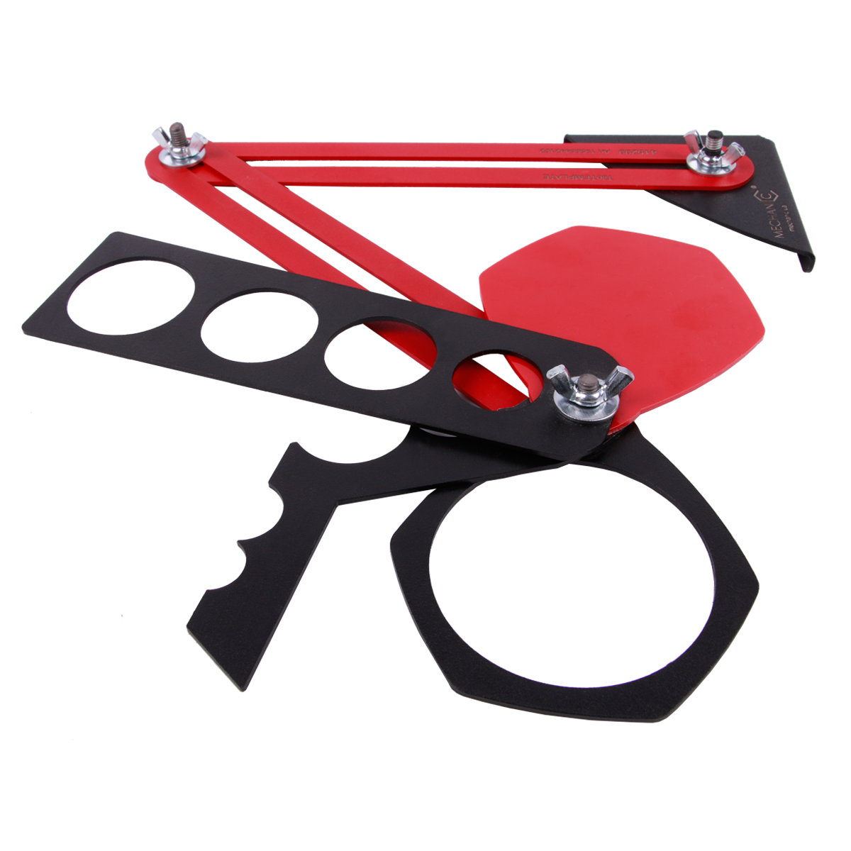 Black and red metal tool with multiple components on a white background