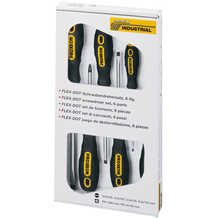 Proxxon FLEX-DOT 6-Piece Screwdriver Set — Ergonomic Two-Component Handle, Flat & Phillips (No. 22604)