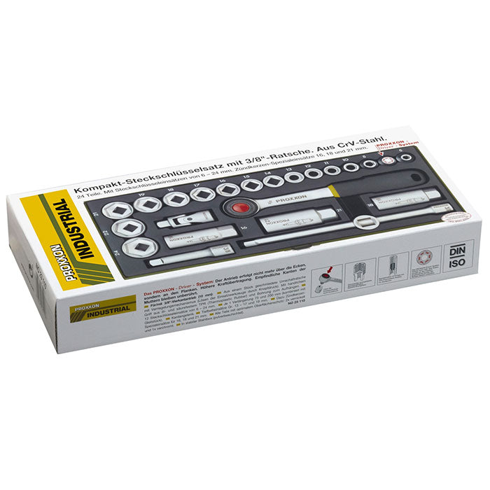 Proxxon 24-piece compact socket set with 3/8" ratchet | Close-up Detail | proxxon socket set | Pro Tool Haus