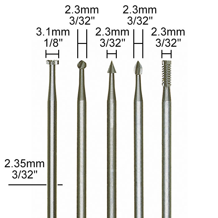 Proxxon Set of Tungsten vanadium precision cutters, 5 pcs., Ø 1/8" + 3/32" | Detail View | Pro Tool Haus