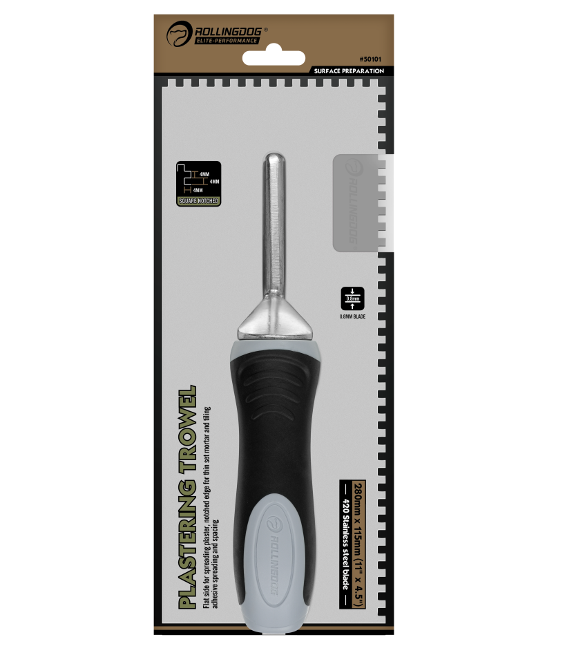 Plastering trowel in packaging with brand logo on a white background