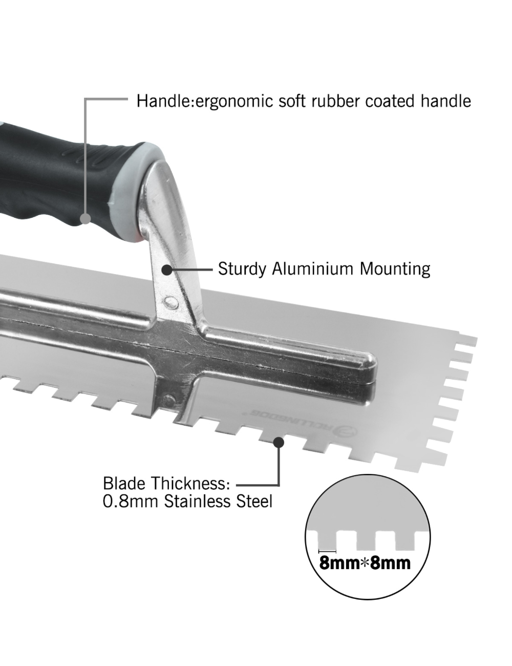 RollingDog 11 inch  5/16 tiling trowel, square notch trowel, tile adhesive spreader, flooring trowel, stainless steel trowel
