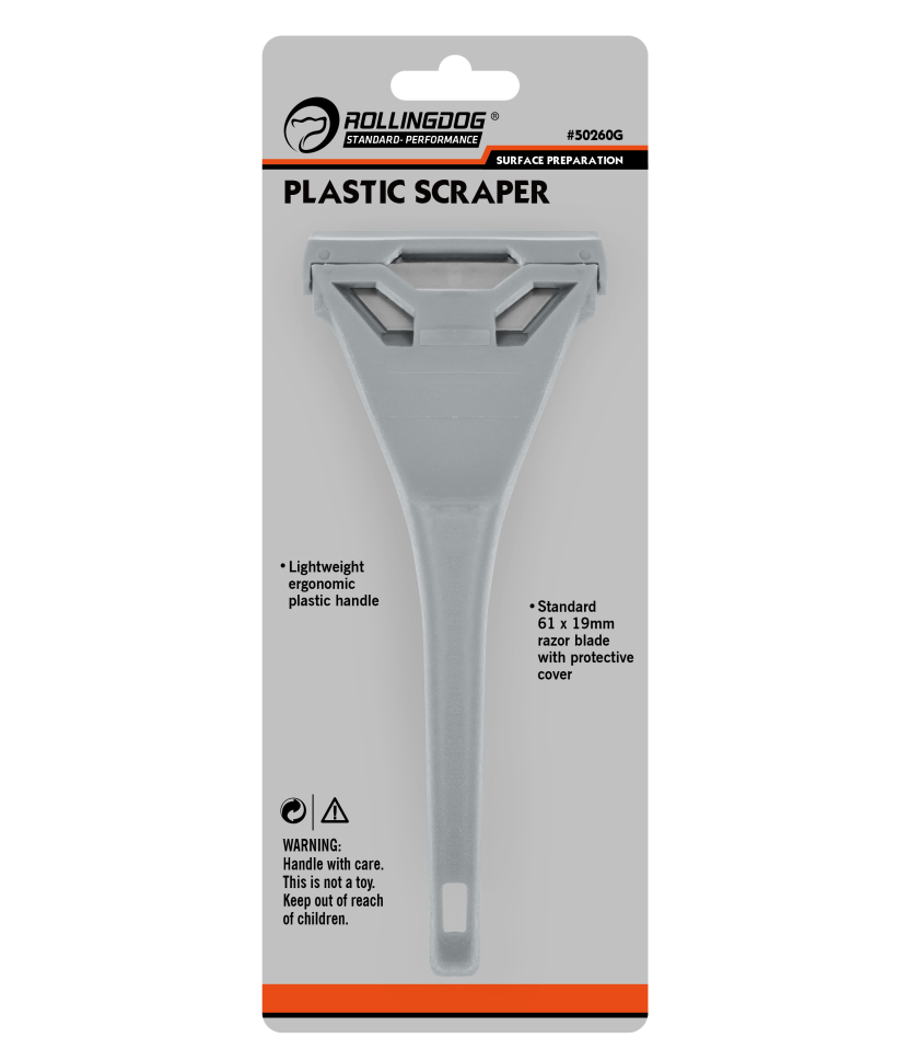 plastic scraper with RollingDog branding on a 