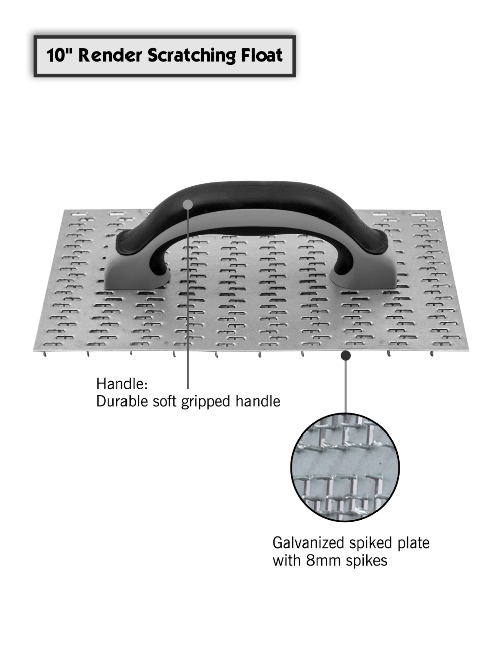 ROLLINGDOG USA Render Scratching Float – Galvanized Spiked Plate with Soft Grip Handle (10″ × 5.5″) | Feature Detail | Pro...