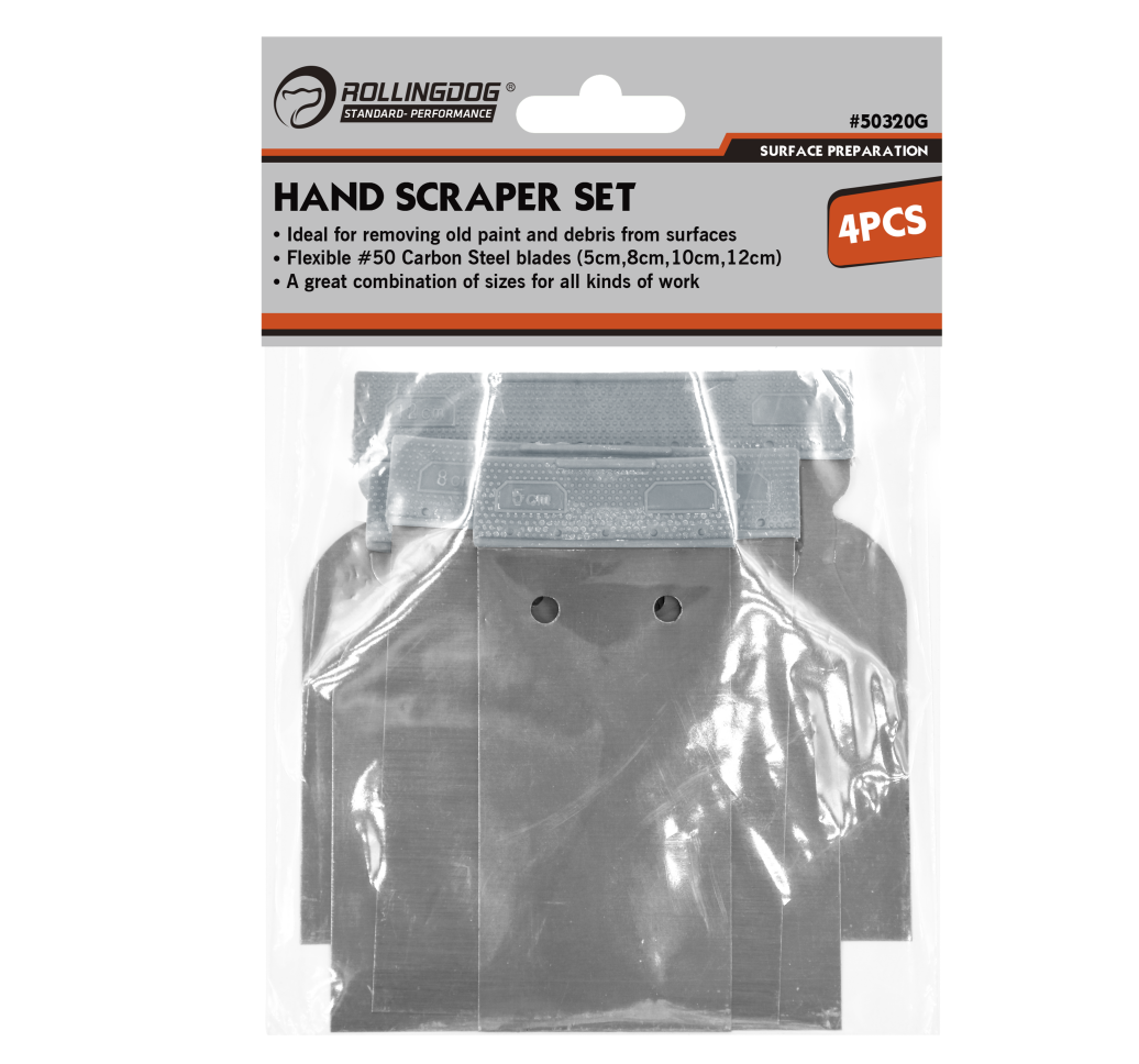 Hand scraper set packaging with four scrapers inside, brand 'Rolling Dog' visible.