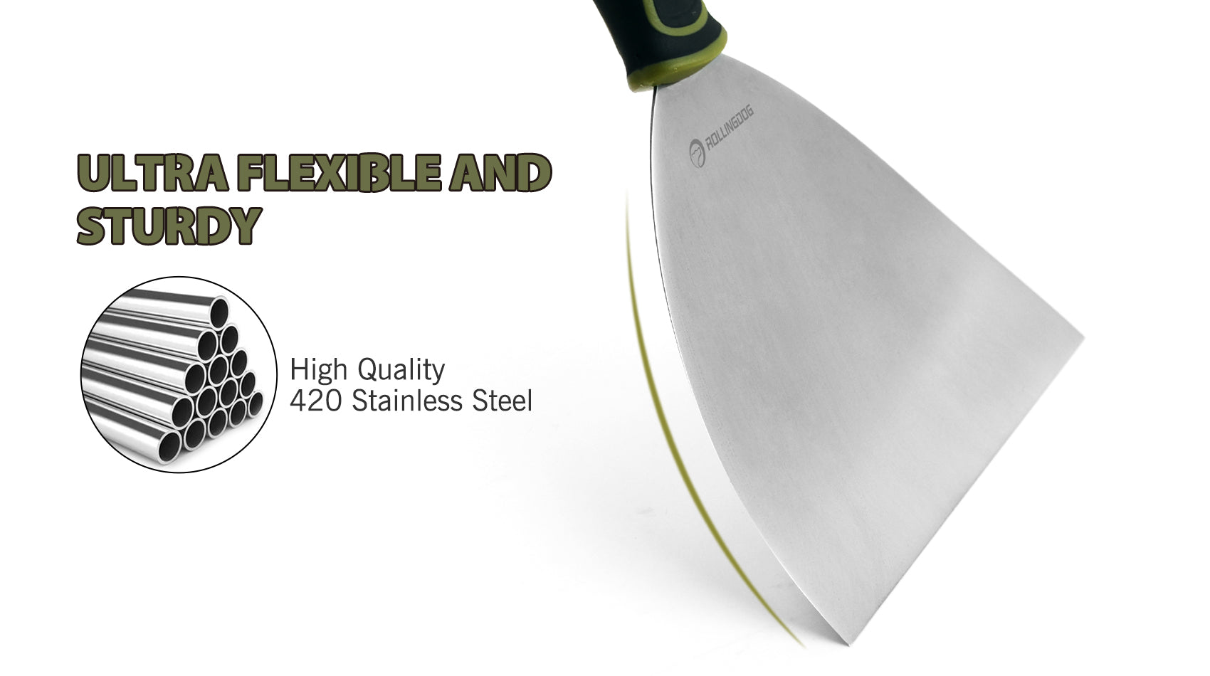 Knife with text highlighting its flexibility and sturdiness, featuring high-quality 420 stainless steel.