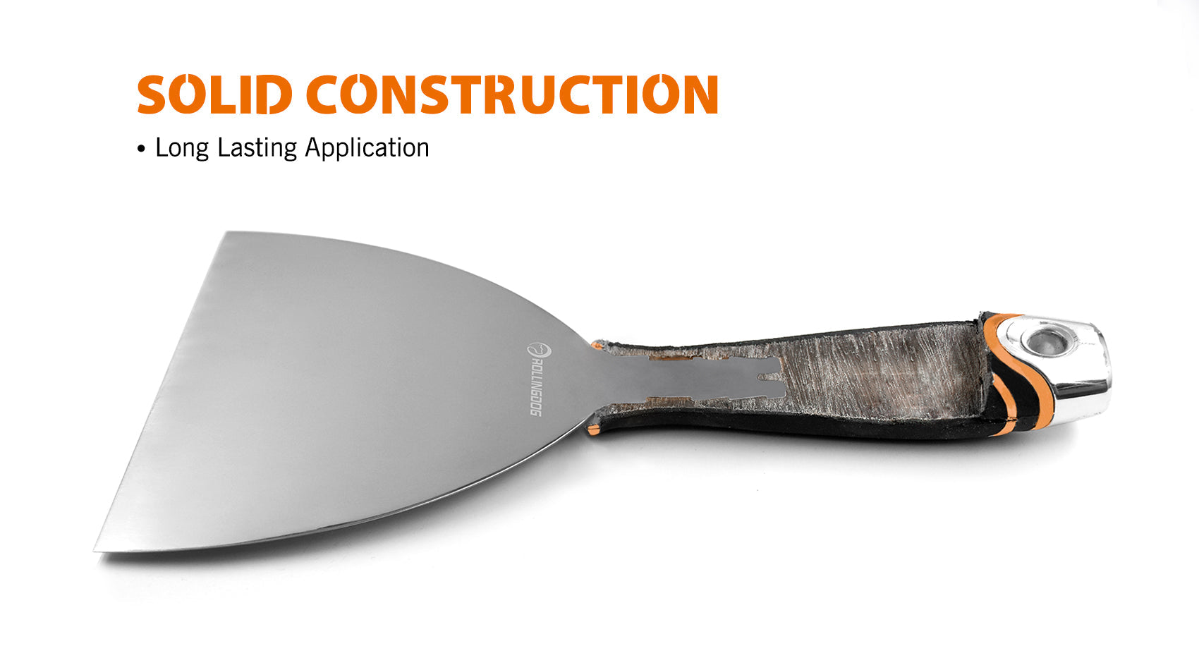 Putty knife with black handle on a white background, emphasizing 'Solid Construction' and 'Long Lasting Application'.