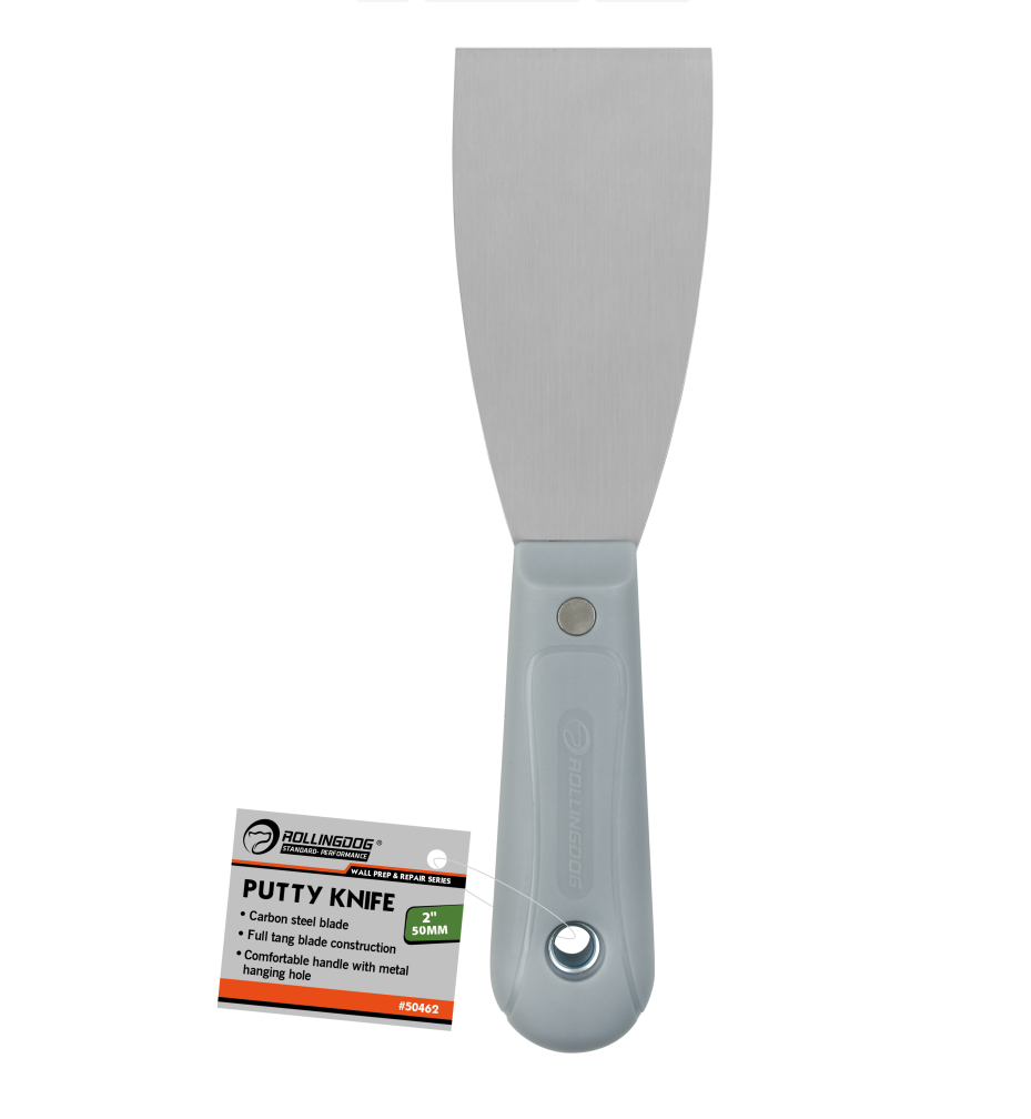 Putty knife with gray handle and blade on a white background
