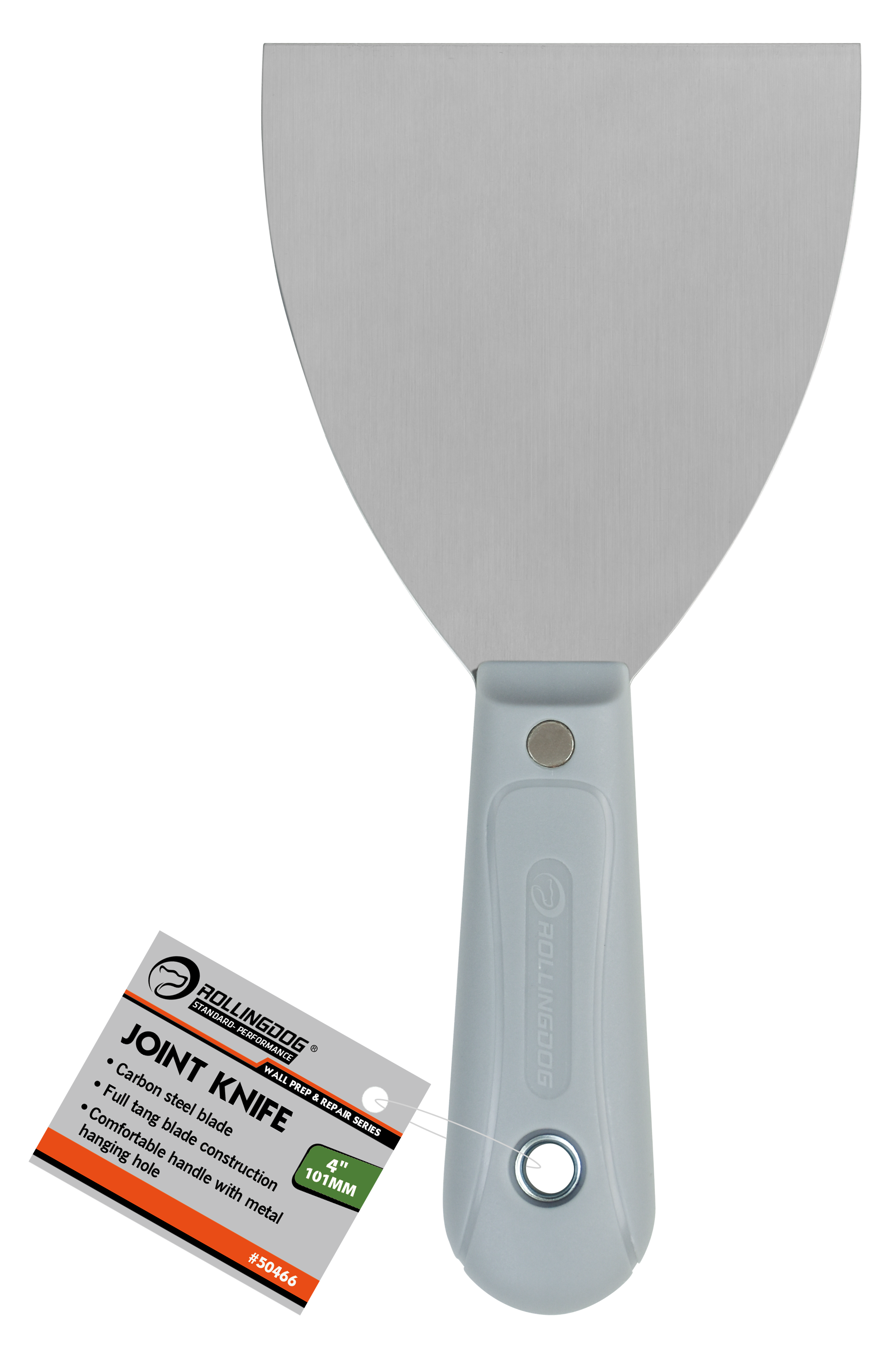 Gray putty knife with a label on a white background