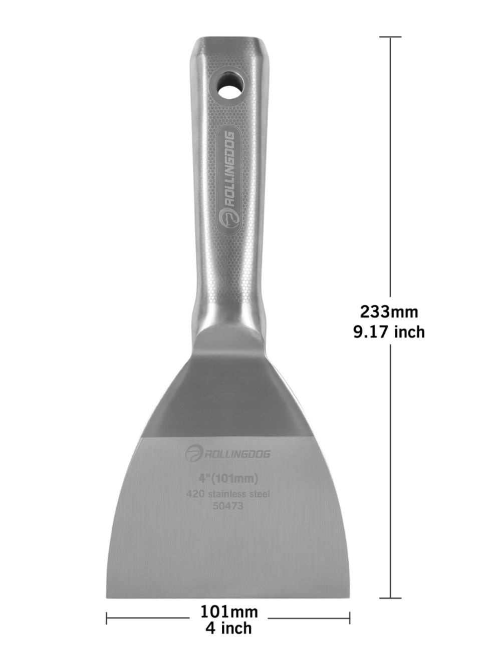 50473-dimensions of 4 inch Flexible Joint Knife with stainless steel blade for drywall patching
