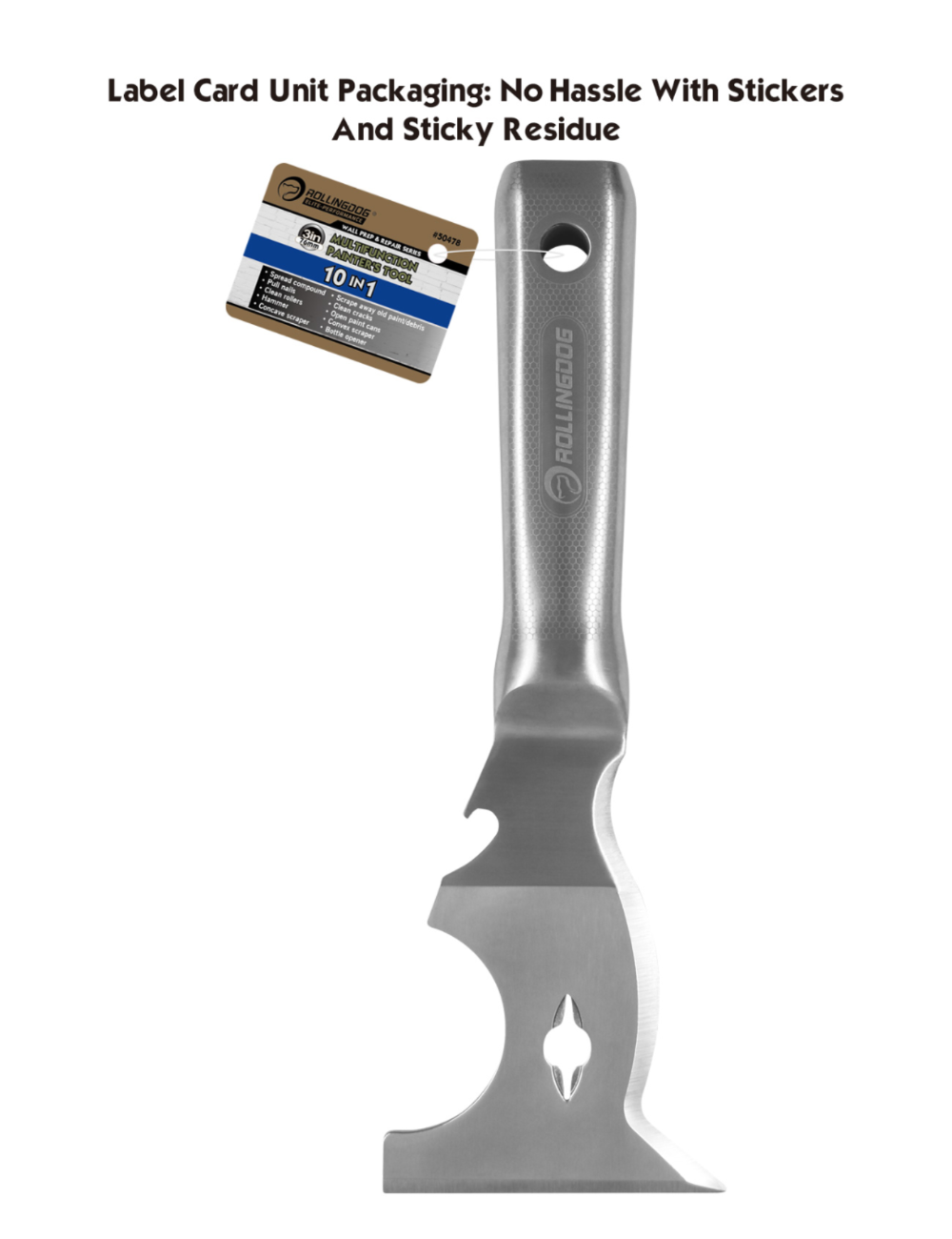 Metal scraper with a label on a white background