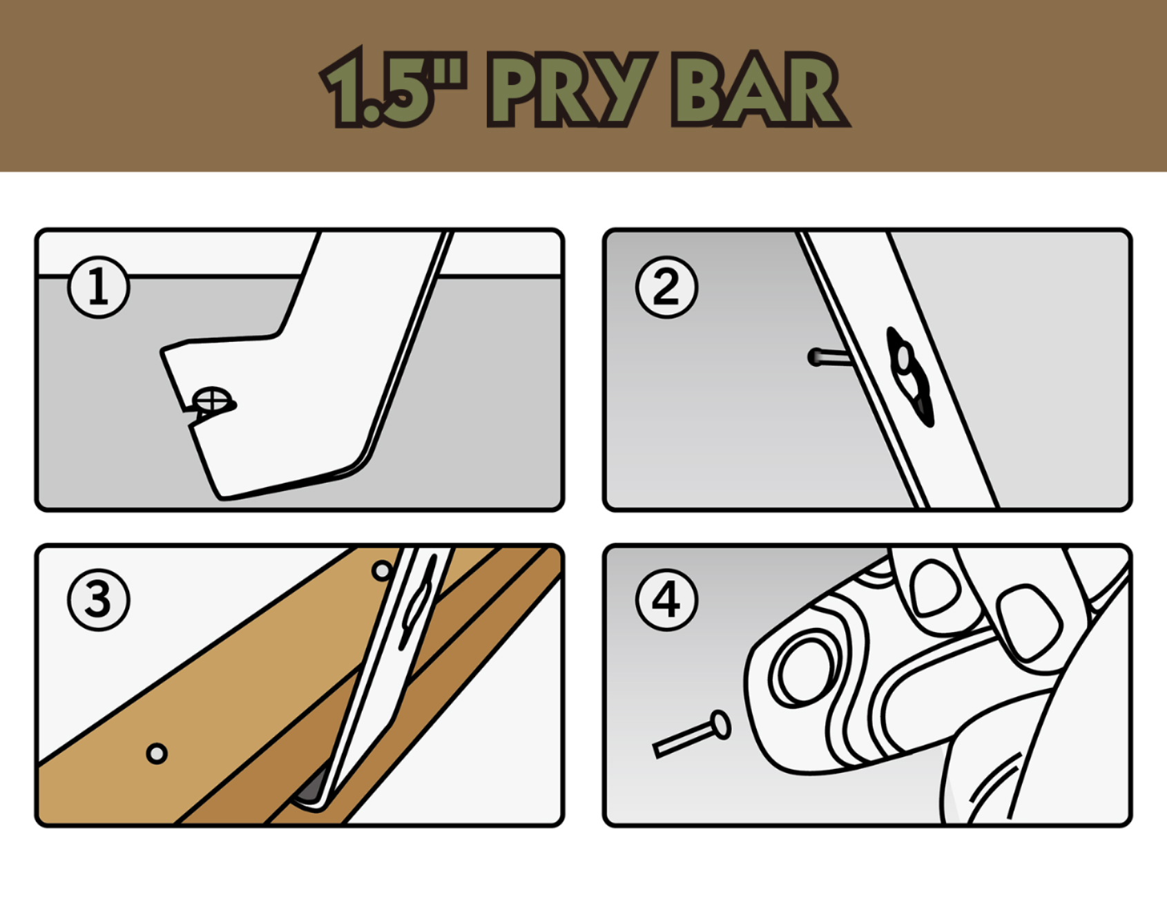 Instructions for using a 1.5 inch pry bar with labeled steps on a brown background.