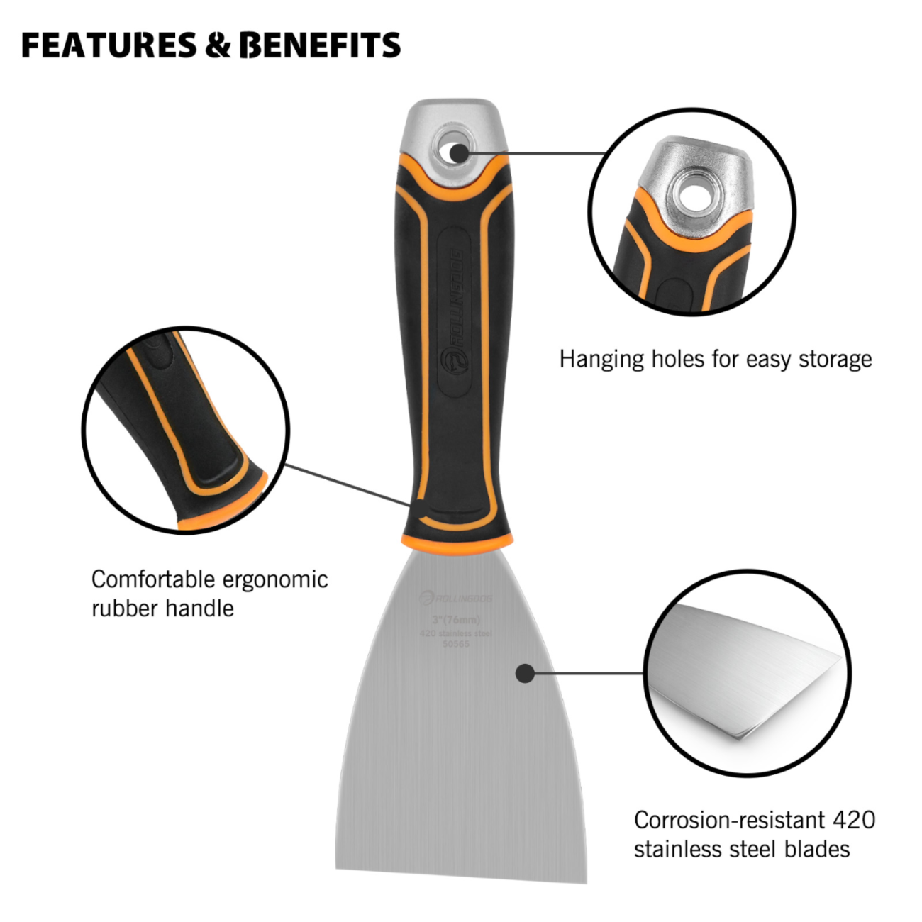 50565-specs of 3 inch Flexible Angled Putty Knife with ergonomic handle and hammer cap