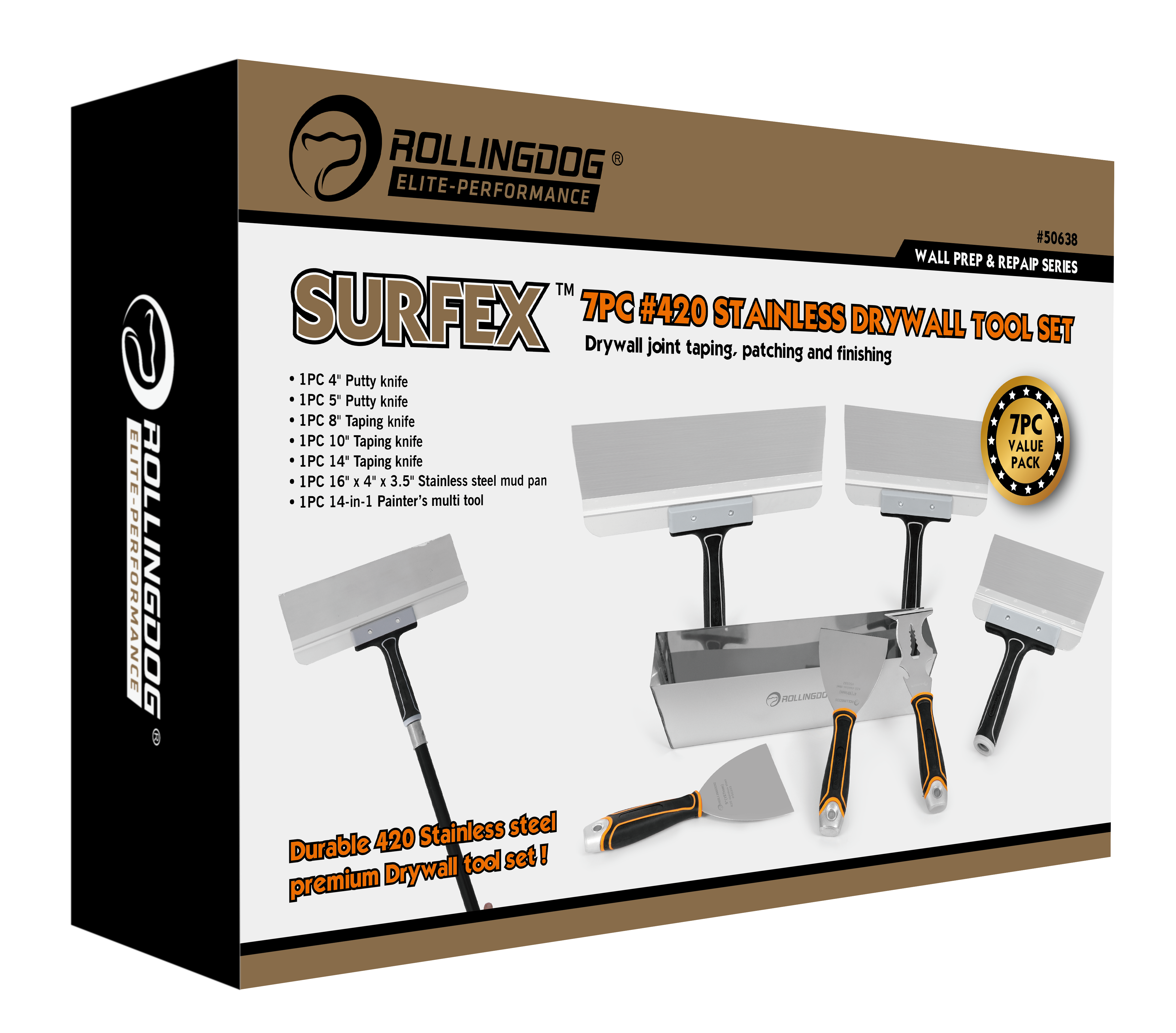 ROLLINGDOG USA 7PC SURFEX™ Drywall Tool Set – 420 Stainless Steel Putty & Taping Knife Kit with Mud Pan | Pro Tool Haus