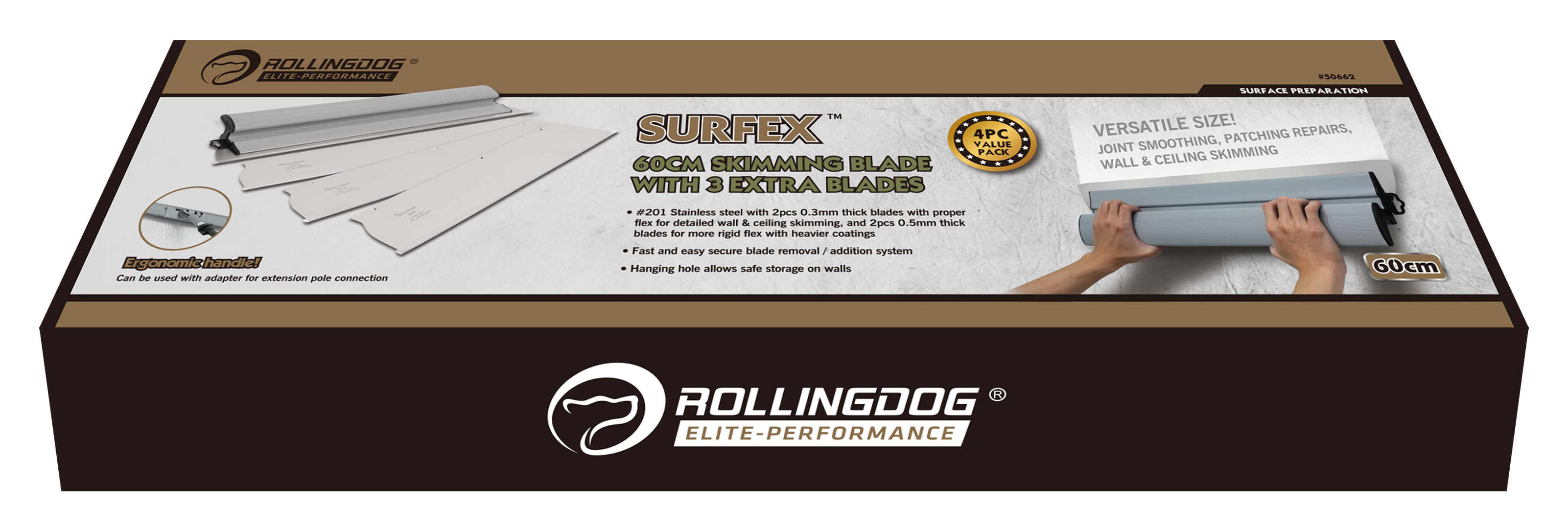 ROLLINGDOG USA SURFEX™ 23.6" Skimming Blade with 3 Extra Blades – Stainless Steel Wall & Ceiling Finishing Tool | Detail V...