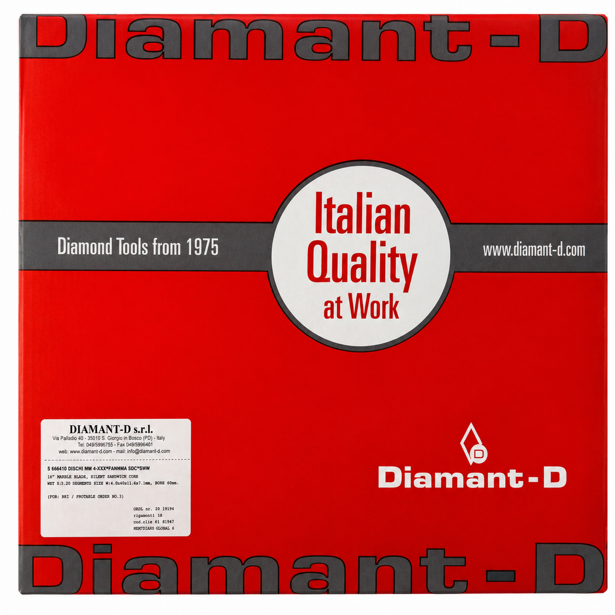 Red Diamant-D branded box or package front with large gray 'Diamant-D' text at the top and bottom, a central white circle reading 'Italian Quality at Work,' side text 'Diamond Tools from 1975' and 'www.diamant-d.