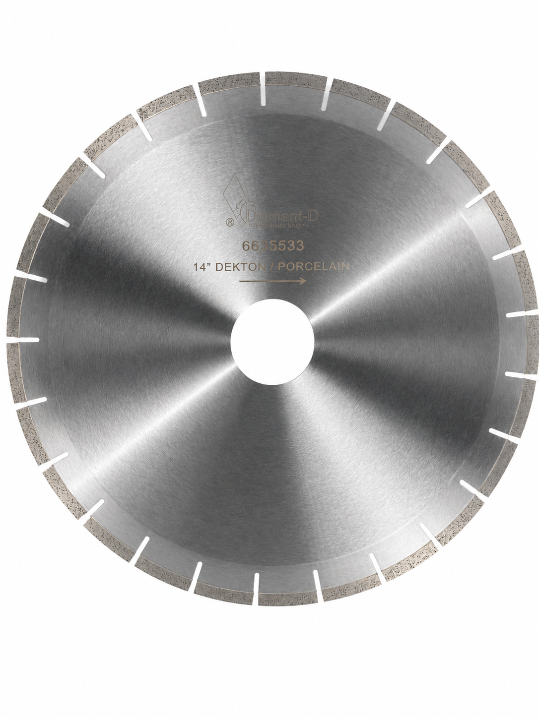 A Diamant D 14-inch diamond circular saw blade with a brushed silver metal finish and a segmented cutting edge, shown against a plain white background.