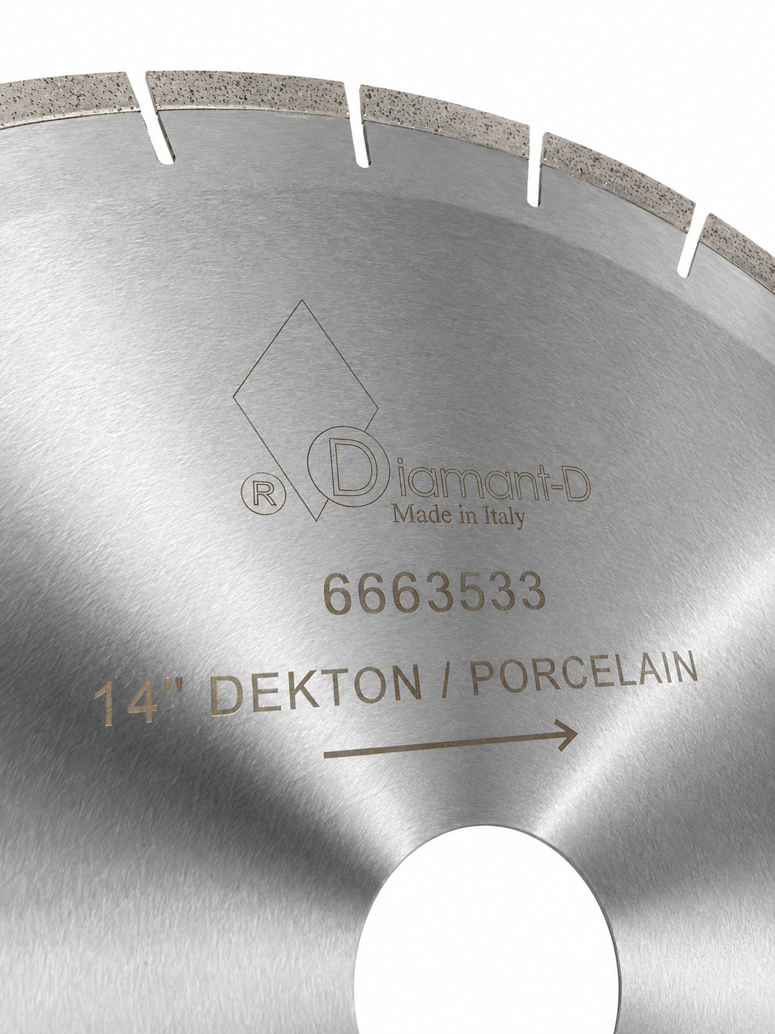 Close-up of a 14-inch Diamant-D Dekton / porcelain diamond saw blade, showing the brushed metal body, tooth cutouts, and laser-etched branding and model number.