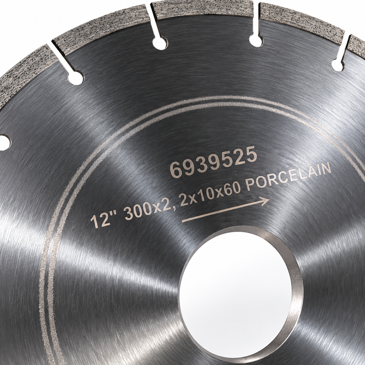 Close-up of Diamant-D 12-inch continuous-rim diamond blade for porcelain