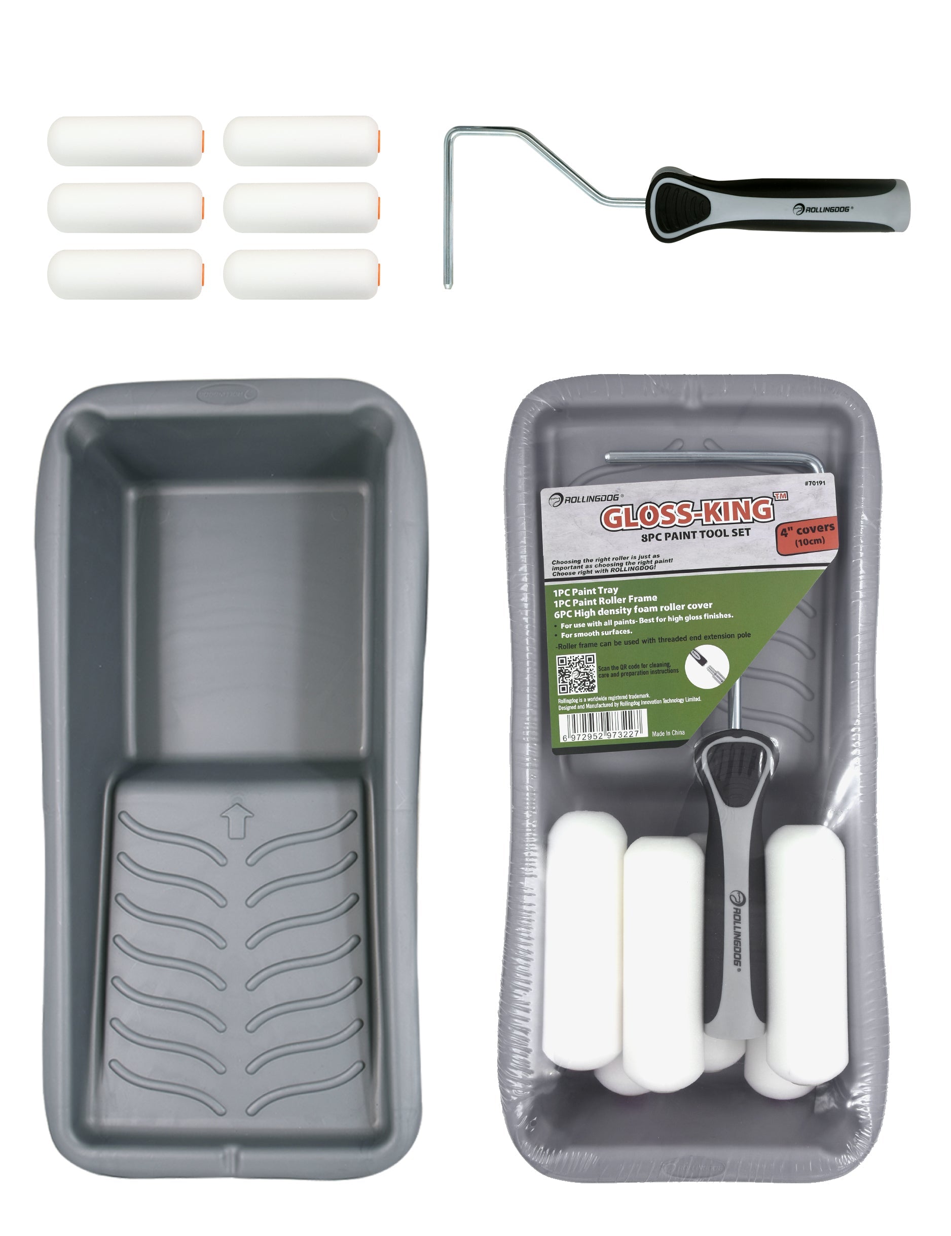 ROLLINGDOG USA GLOSS-KING™ 8PC Paint Tool Set – 4" Foam Roller Kit for High Gloss Finishes | cabinet painting kit | Pro To...