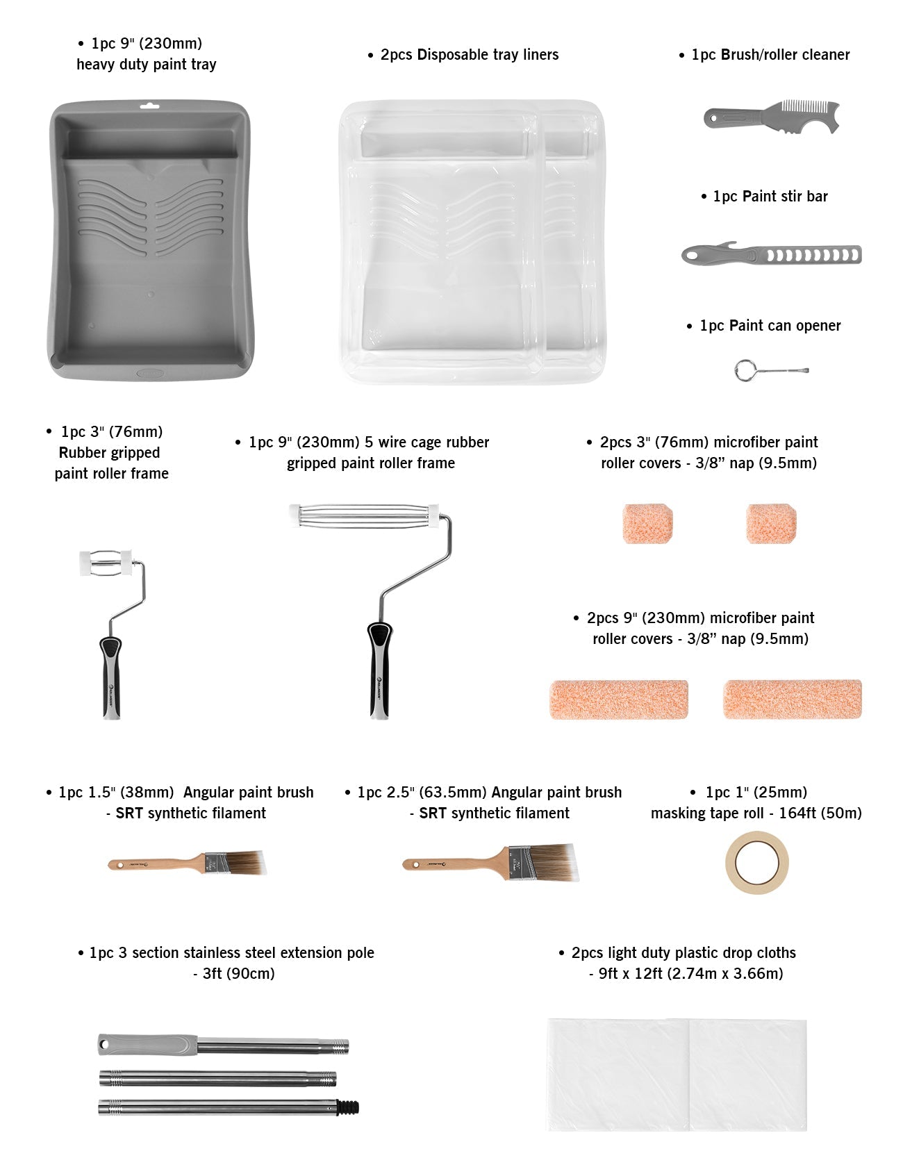70292 measurements of Full painting kit with rollers, brushes, pole, and drop cloths