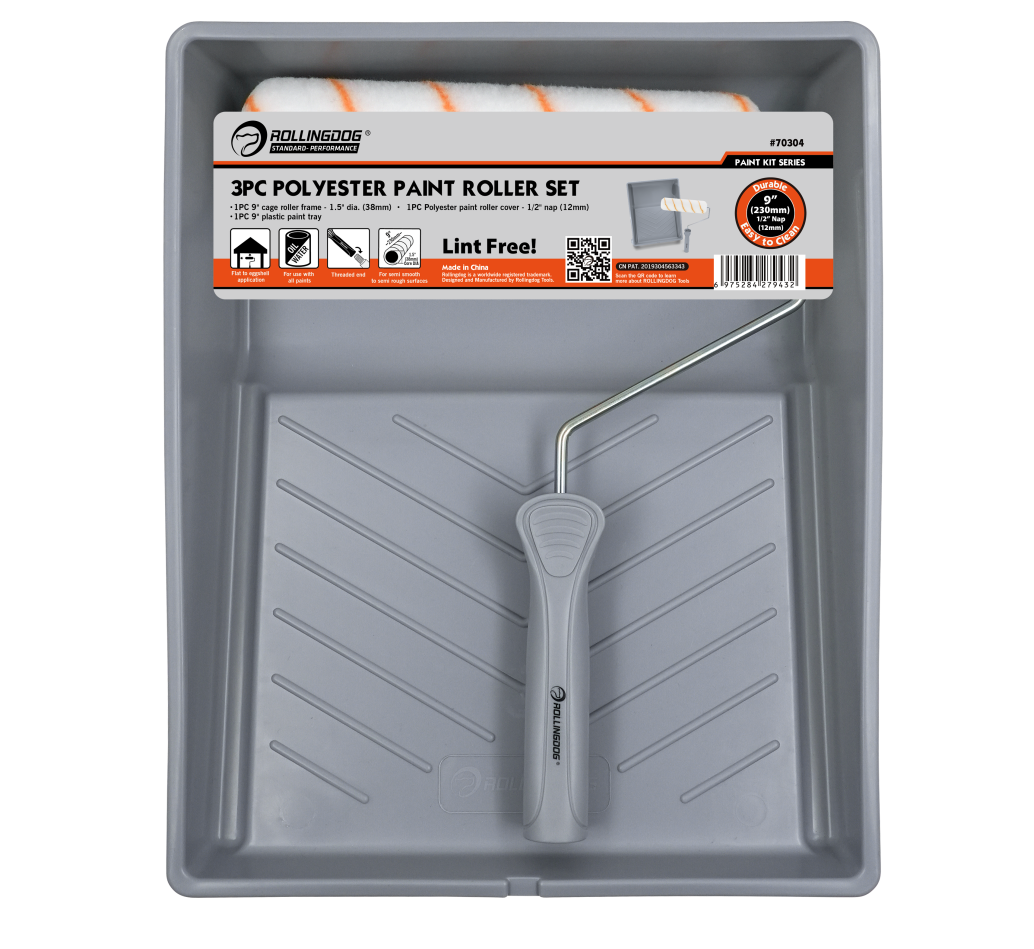3 piece polyester paint roller set with frame, tray, and 1/2 inch nap roller cover
