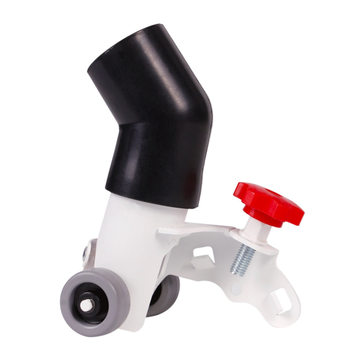 Plumbing valve with black, red, and white components on a white background