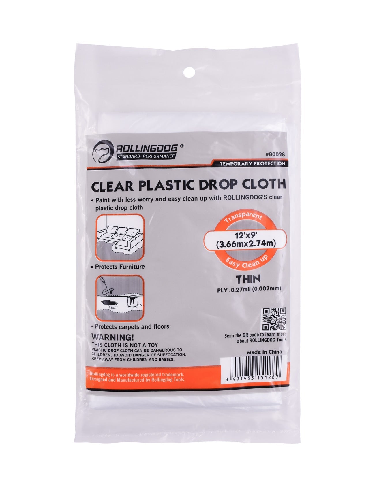 80028-Clear plastic drop cloth 12x9 for furniture and floor protection